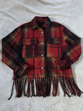 Desigual Red and Black Plaid Wool Shacket With Fringe Women Small Button Down